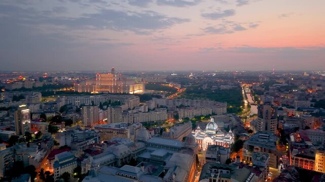 Bucharests Cityscape at Dusk A Stunning Display of Illuminated Architectural Marvels and Beauty. Romania