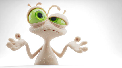 A confused cartoon-style light beige alien tilting its head sideways