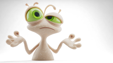 A confused cartoon-style light beige alien tilting its head sideways