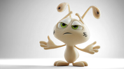 A confused cartoon-style light beige alien tilting its head sideways