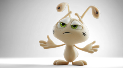 A confused cartoon-style light beige alien tilting its head sideways
