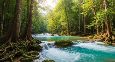 Obraz premium Lush Tropical Waterfall Landscape Scenic View with Turquoise Water Flowing Through Green Forest Trees Nature Stock Photo