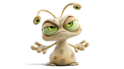 A confused cartoon-style light beige alien tilting its head sideways