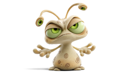 A confused cartoon-style light beige alien tilting its head sideways