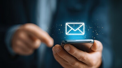 Close-up of a person's hands holding a smartphone with an email icon displayed.