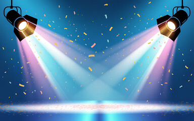 Stage lights background with confetti for celebration and presentation