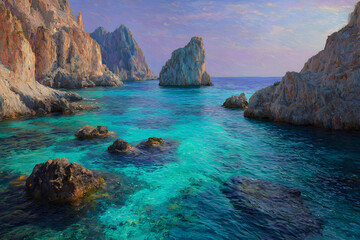 Obraz premium Bay in the ocean with large rock formations and rock cliffs, turquoise water 