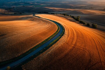 Fototapeta premium Aerial view of a winding country road through golden wheat fields and rolling hills during sunrise