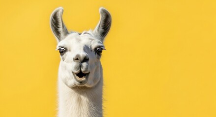 Obraz premium Funny Llama Portrait with Yellow Background, Smiling Face.