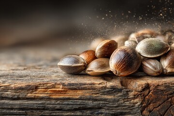 Fototapeta premium Heap of natural hemp seeds on textured rustic wood with airborne dust particles and dark background