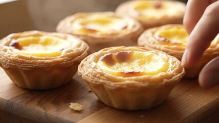 Closeup of five egg tarts on a wooden surface showcasing goldenbrown crusts and custard filling - Powered by Adobe