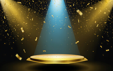 Golden stage with spotlights and confetti for product showcase background