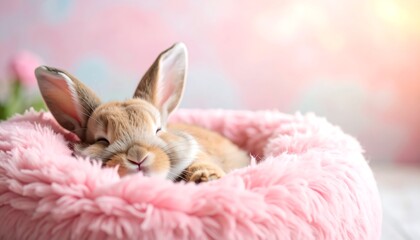 A sleeping bunny in a pink bed