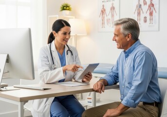 Photo of female doctor showing test results on a tablet to a senior male patient during a consultation in a bright clinic office