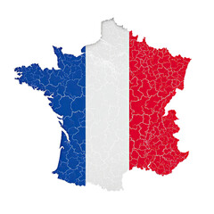 A distressed map of France, displaying the national flag's colors within its borders.  The map's outline is overlaid with a fragmented, cracked texture, resembling aged paint