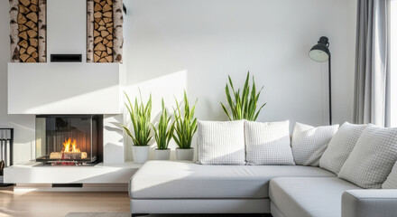A cozy and bright living room with a fireplace, couch, and plants. This comfortable space exudes warmth and a welcoming atmosphere.