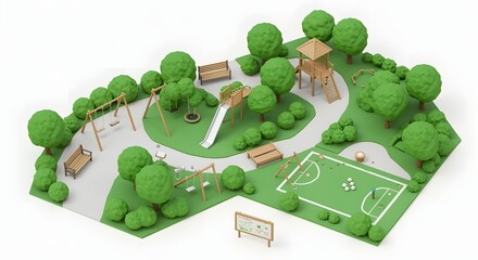 Detailed architectural rendering of a modern playground with diverse play areas and lush green surroundings perfect for design mockups