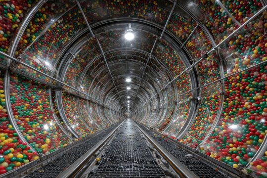 Long tunnel view filled with colorful jelly candies and illuminated metal structure