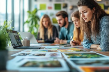Fototapeta premium Young professionals collaborating and reviewing various prints on a table in a sunlit modern office workspace