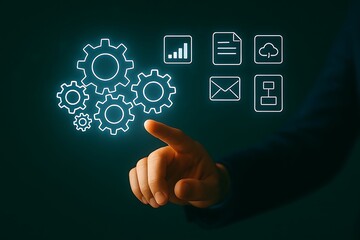 Hand interacting with digital icons representing business processes and data