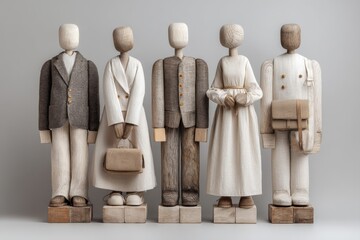 Wooden and textile figures standing in a line dressed in various outfits against a light gray background