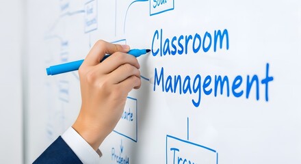 Hand with Marker Writing Classroom Management Diagram on Whiteboard for Education and Business Strategy in Modern World