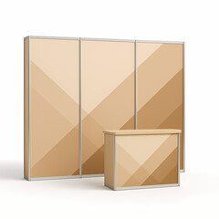 3D rendering of a cappuccino beige exhibition booth with three panels and counter, isolated on white. Modern minimalist design for trade shows, branding, and marketing visuals.