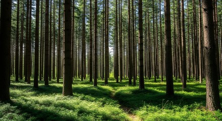 Majestic Tall Pine Forest Landscape with Sunlight Filtering Through Trees and Lush Green Ground Cover
