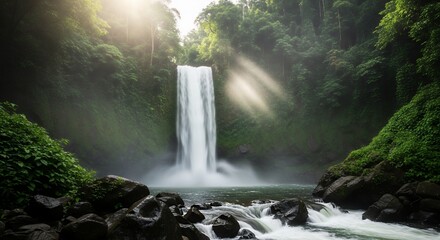Majestic Waterfall Cascade in Lush Tropical Rainforest Landscape with Sunbeams and Serene Natural Beauty  Scenic Travel Photography
