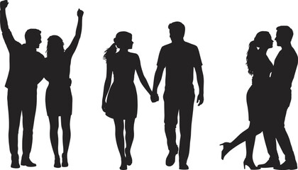 Silhouettes of couples in romantic poses, holding hands, hugging, celebrating love, relationship moments, togetherness, affection, dating, intimacy, happy couple illustration