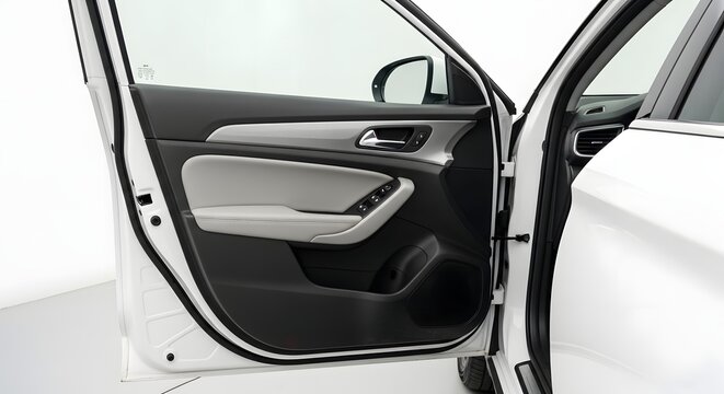 Open car door showcasing modern interior design and detailing offering a glimpse into automotive engineering and luxury featuring white exterior