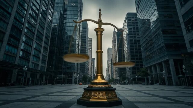 Justice and Corporate Power: Scales of Justice in Modern Cityscape - A golden scale of justice stands majestically in the center of a modern city street, flanked by towering skyscrapers.