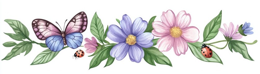 Obraz premium Colorful floral border with butterflies and ladybugs in soft hues