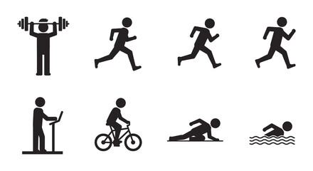 Fitness Activity Icons Set Featuring Weightlifting Running Cycling and Swimming silhouette