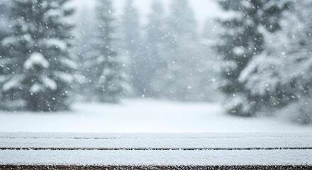 Snowy Winter Scene with Wooden Table and Blurred Pine Trees Creating a Serene Holiday Background for Product Placement and Seasonal Content