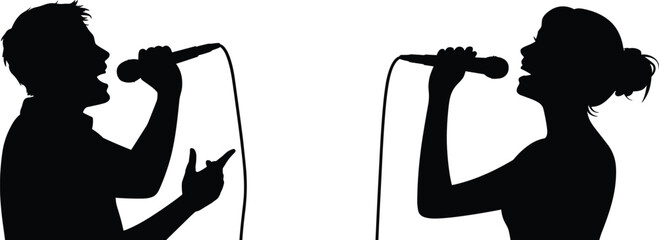 Silhouettes of man and woman singing with microphones, music performance, duet, live concert, vocalists, entertainment, stage show, artistic expression illustration