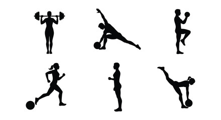 Diverse Fitness Activities in Silhouette Style on a White Background silhouette