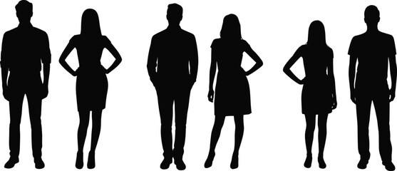 Stylish standing silhouettes of men and women with hands on hips, modern fashion poses, diverse casual and formal outfits.