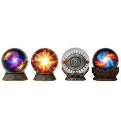 Four mystical orbs on stands isolated on transparent background