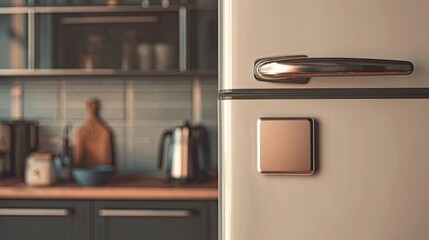 Detail of a vintage-inspired refrigerator with a metallic handle, set against a softly blurred contemporary kitchen scene.
