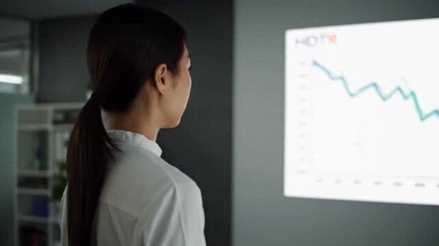 Businesswoman analyzing data trends on a digital screen in a modern office with plants in background - Powered by Adobe