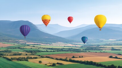 Obraz premium Colorful Hot Air Balloons Over Scenic Fields and Mountainscape