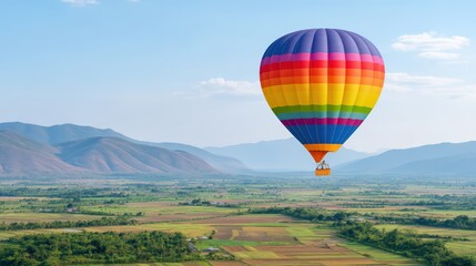 Naklejka premium Colorful Hot Air Balloon Floating Over Scenic Mountain Landscape