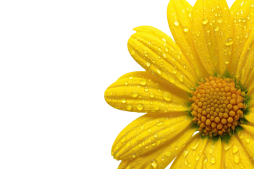 Close-up of a vibrant yellow flower, dew-kissed petals, against a black background
