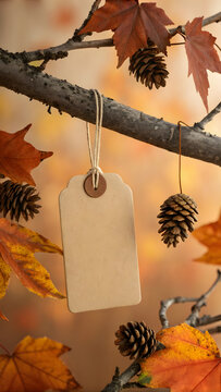Blank Brown Paper Tag Hanging on Tree Branch with Autumn Leaves and Pinecones