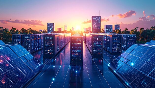 Sunrise over modern server farm with solar panels