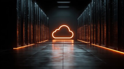 Stunning glowing cloud icon in a futuristic dark server room, symbolizing modern data storage and digital network infrastructure.