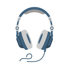 Blue and white headphones with a cord on a white background.