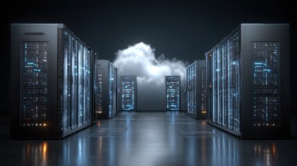 Rows of modern data center servers with cloud computing in the background, representing digital infrastructure.
