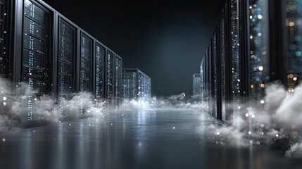 Experience the cutting-edge future of digital infrastructure with glowing server racks and ethereal cloud mist in a high-tech data center, symbolizing immense power and connectivity.